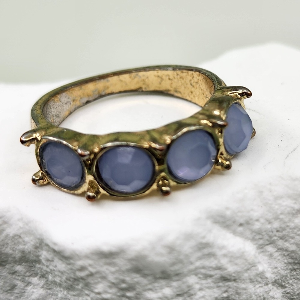 Gold Tone Lavender Blue Glass Cabochon Four Stone Statement Cocktail Ring Boho